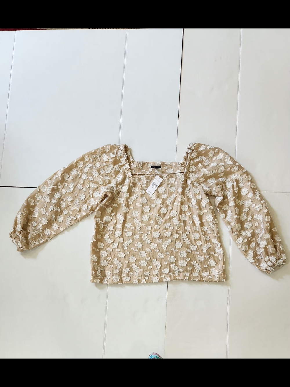 Beige Floral Textured Long-Sleeve Peasant Top